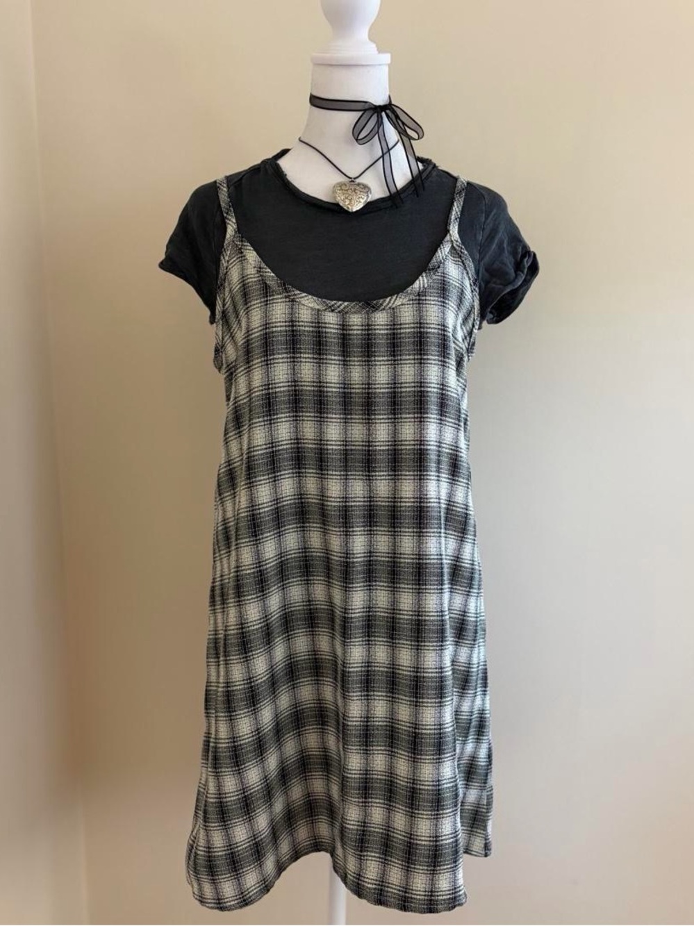 Vintage 90s plaid babydoll mini dress black white Lolita girly grunge summer S